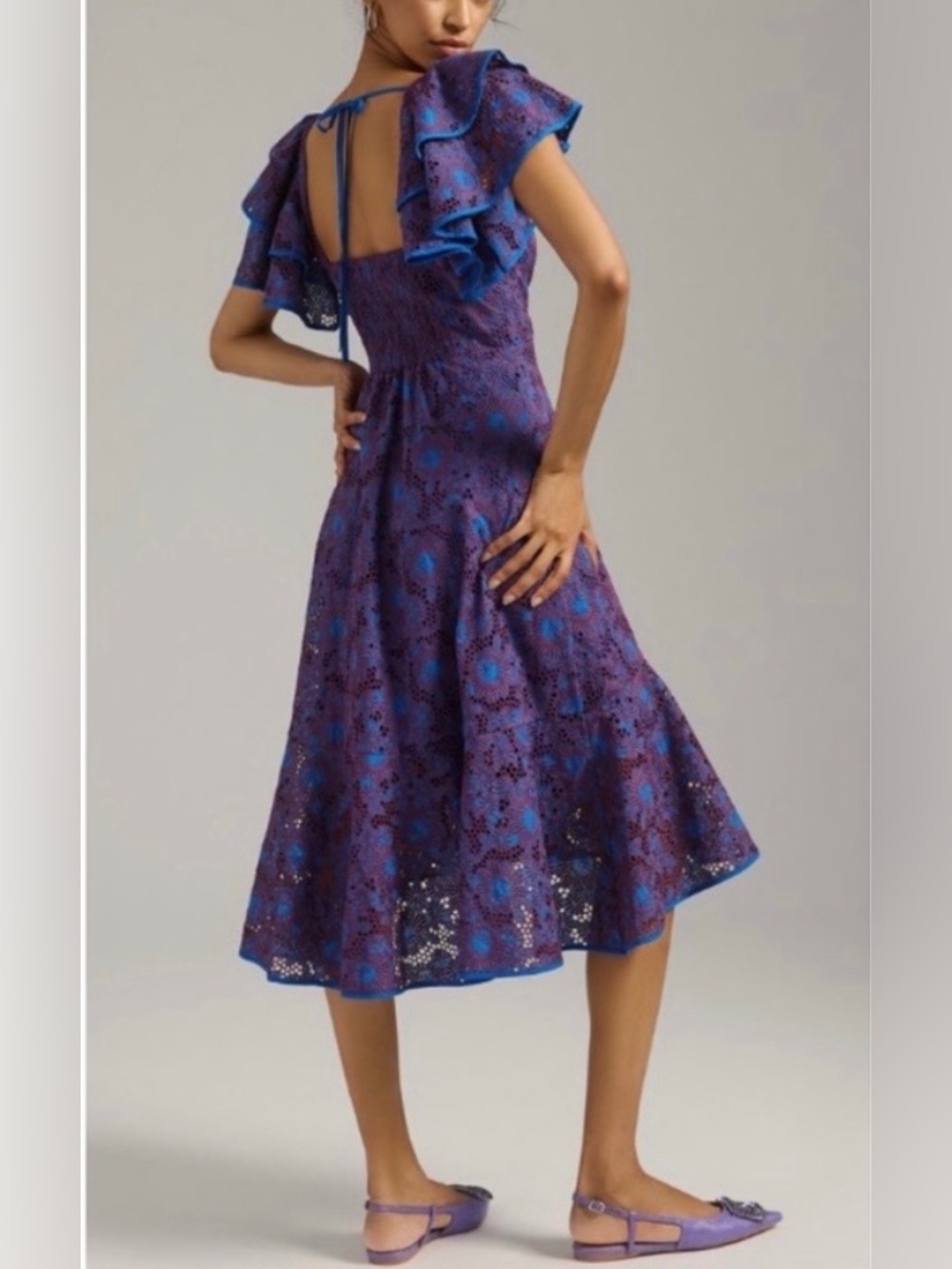 Anthropologie Blue & Purple Floral Lace Flutter Sleeve Dress Women’s Small NWOT